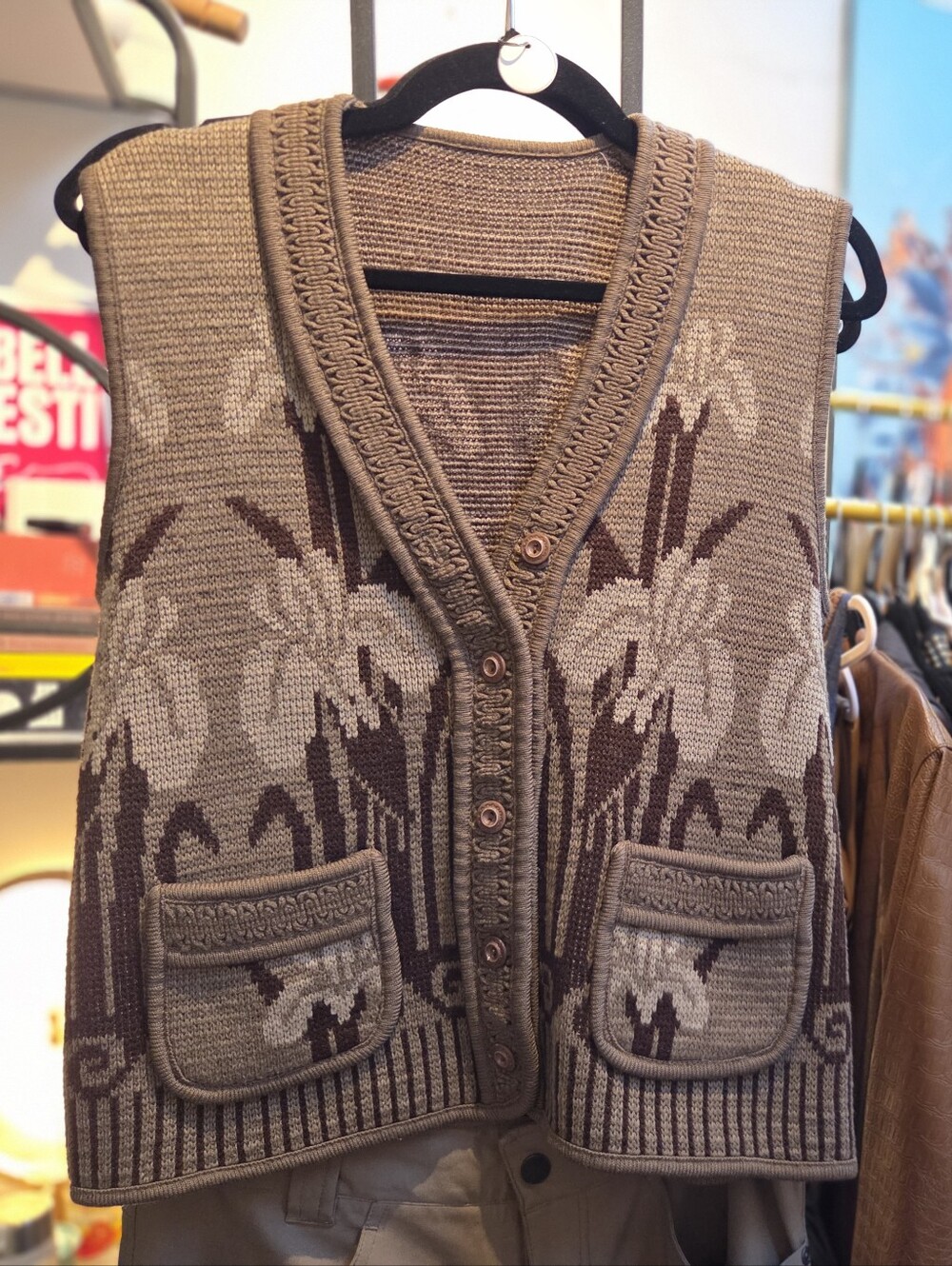 Tan/Brown Floral Button Front Knit Vest (Unsized/Unisex) - Picture 2 of 5